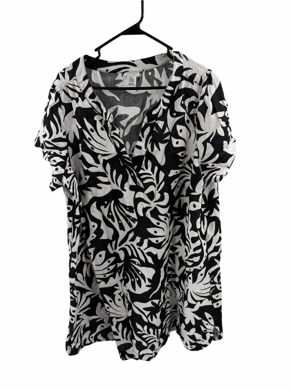 Rachel Zoe 100% Linen Black White Abstract Leaf‎ Floral Short Sleeve Dress 2X